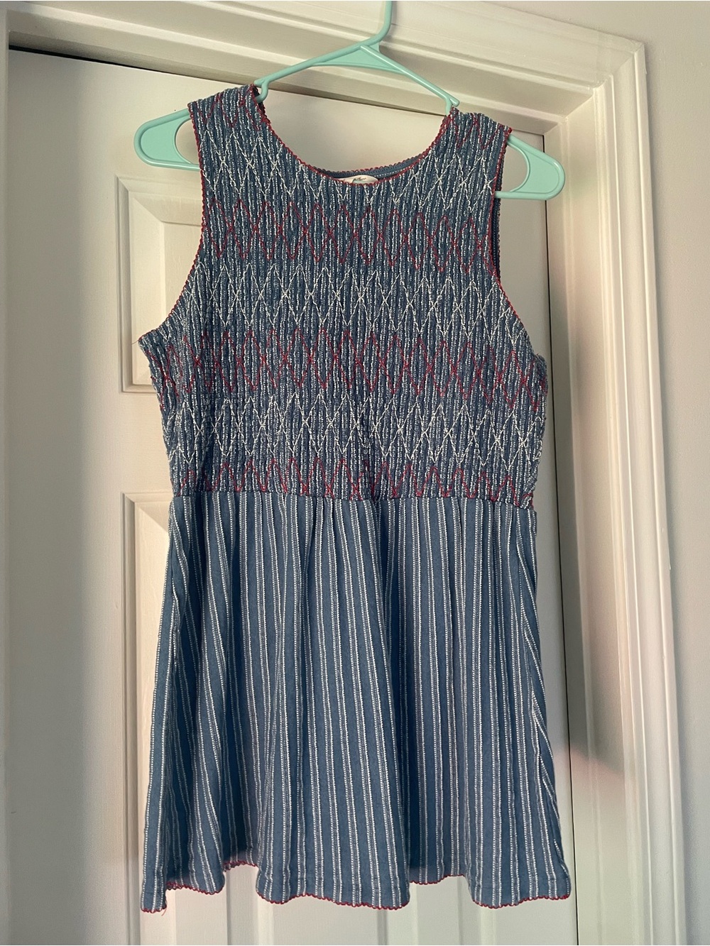 Matilda Jane Blue Striped Smocked Dress with Pink Accents